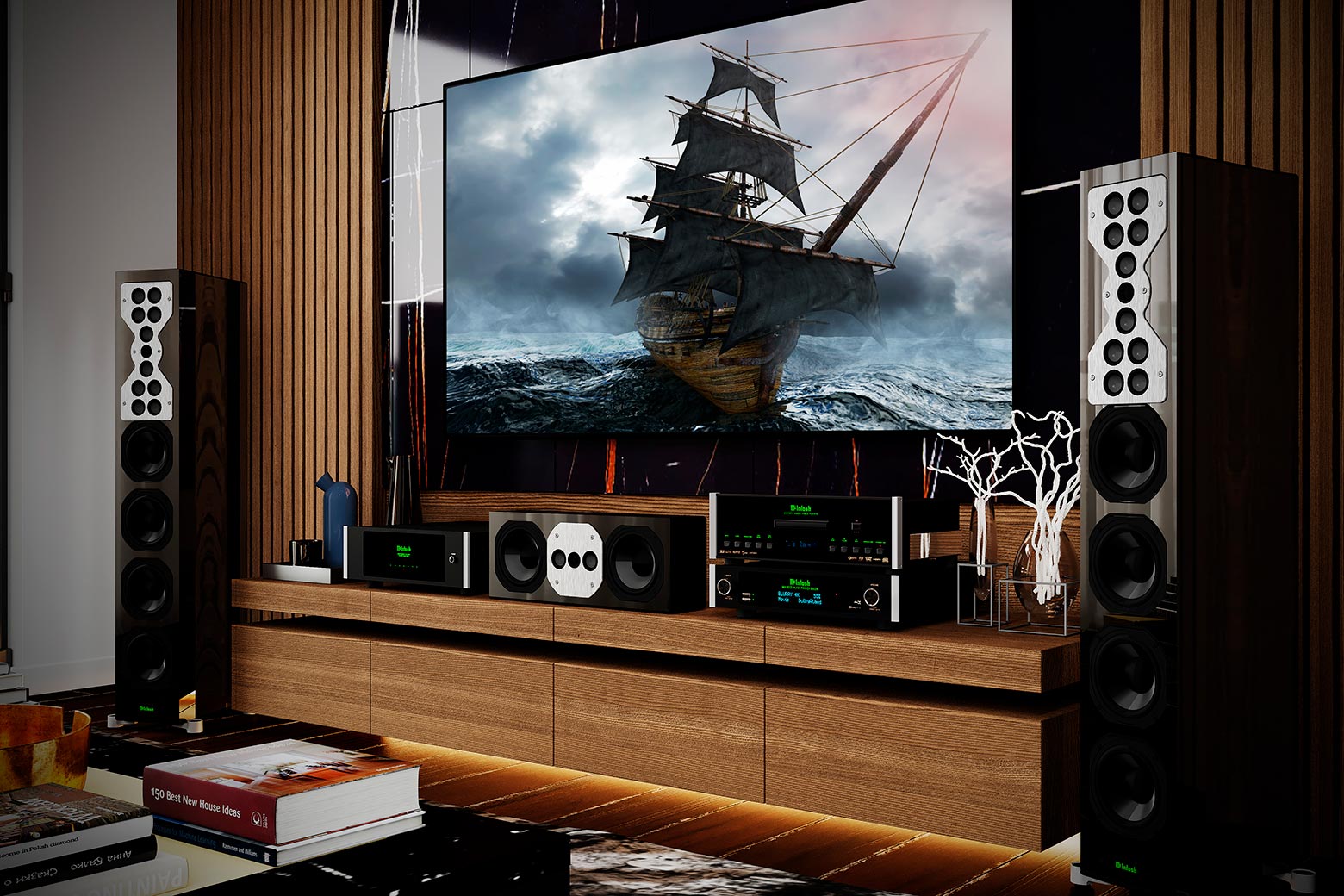 McIntosh home theatre-systeem met MX100 A/V-processor, MI347-versterker, MPV901 audio-videospeler, LCR80 middenkanaalluidspreker, XR100 vloerstaande luidsprekers